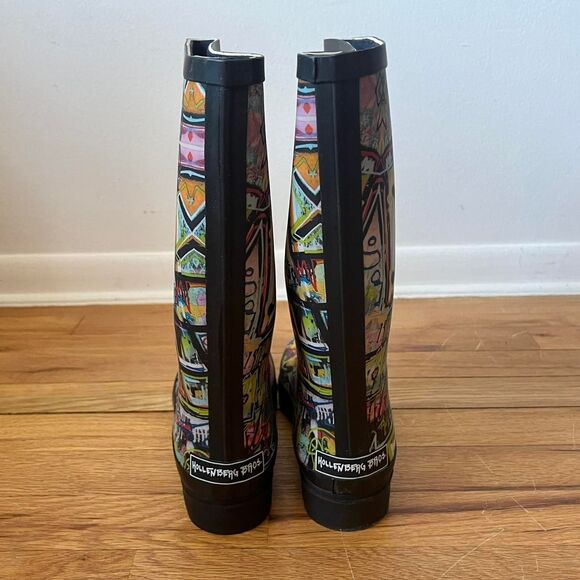 Womens Street Art Print Novelty Multicolor Mid Calf Rubber Rain Boots New 7 - Picture 3 of 8